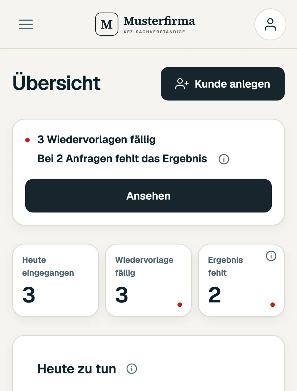Anfragen-CRM, Übersicht am Handy.