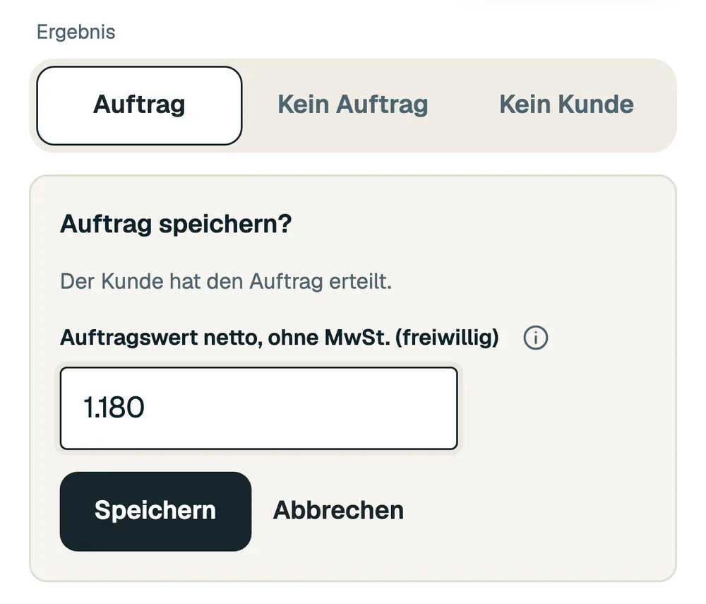 Ergebnis Auftrag am Handy, mit Auftragswert und dem Knopf Speichern.