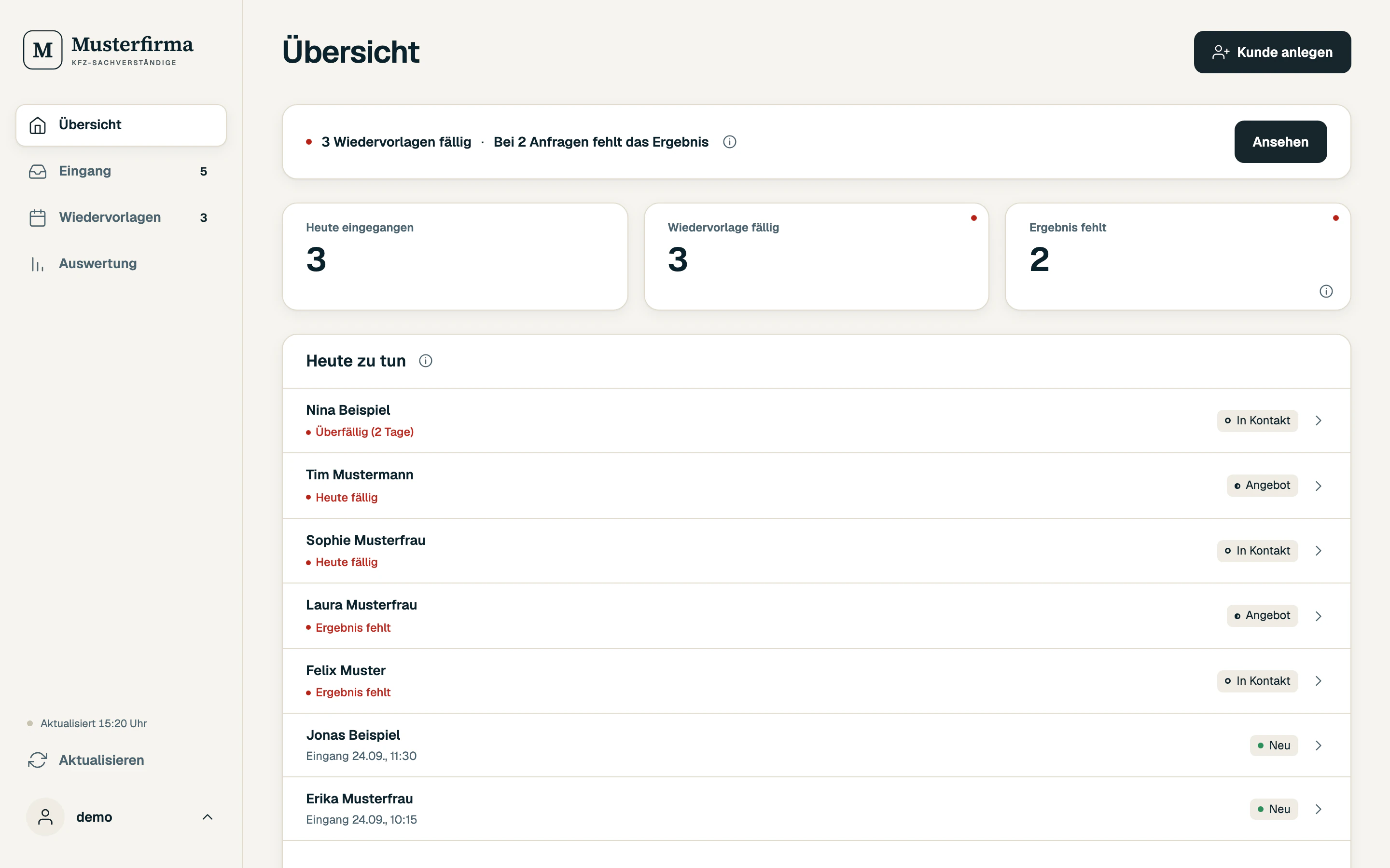 Anfragen-CRM am Rechner, Übersicht zu Beginn des Ablaufs mit der Liste Heute zu tun.