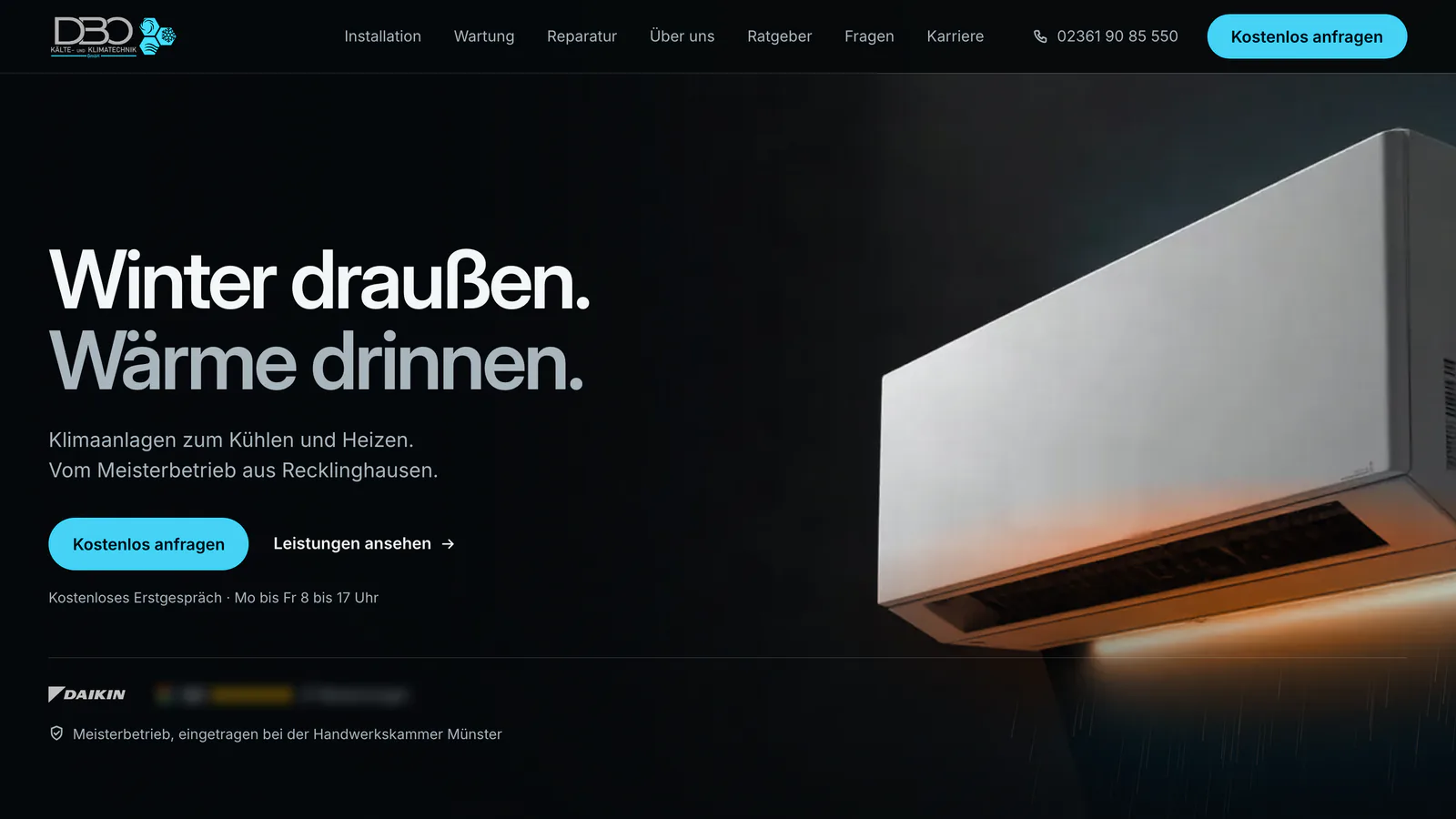 Website dbo-klima.de am Rechner, Hero „Winter draußen. Wärme drinnen.“ mit einem Klimagerät, Bewertungszeile unkenntlich.