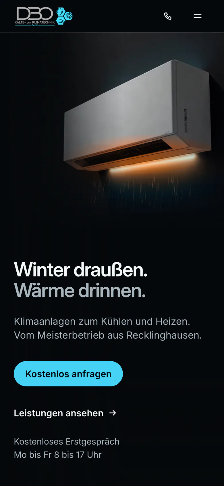 Website dbo-klima.de am Handy, Hero „Winter draußen. Wärme drinnen.“ mit einem Klimagerät, Bewertungszeile unkenntlich.