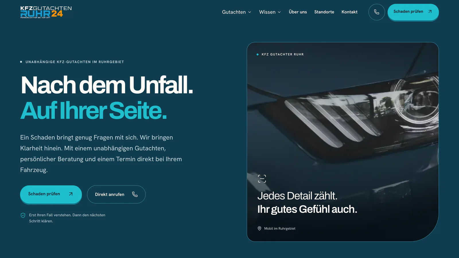 Website gutachten-ruhr24.de am Rechner, Hero „Nach dem Unfall. Auf Ihrer Seite.“.