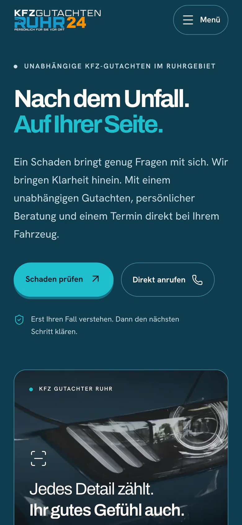 Website gutachten-ruhr24.de am Handy, Hero „Nach dem Unfall. Auf Ihrer Seite.“.
