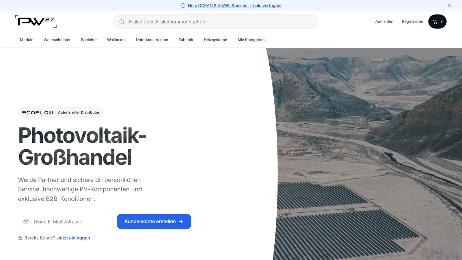 Website shop.pw-27.com am Rechner, Startseite des B2B-Shops für Photovoltaik-Großhandel.
