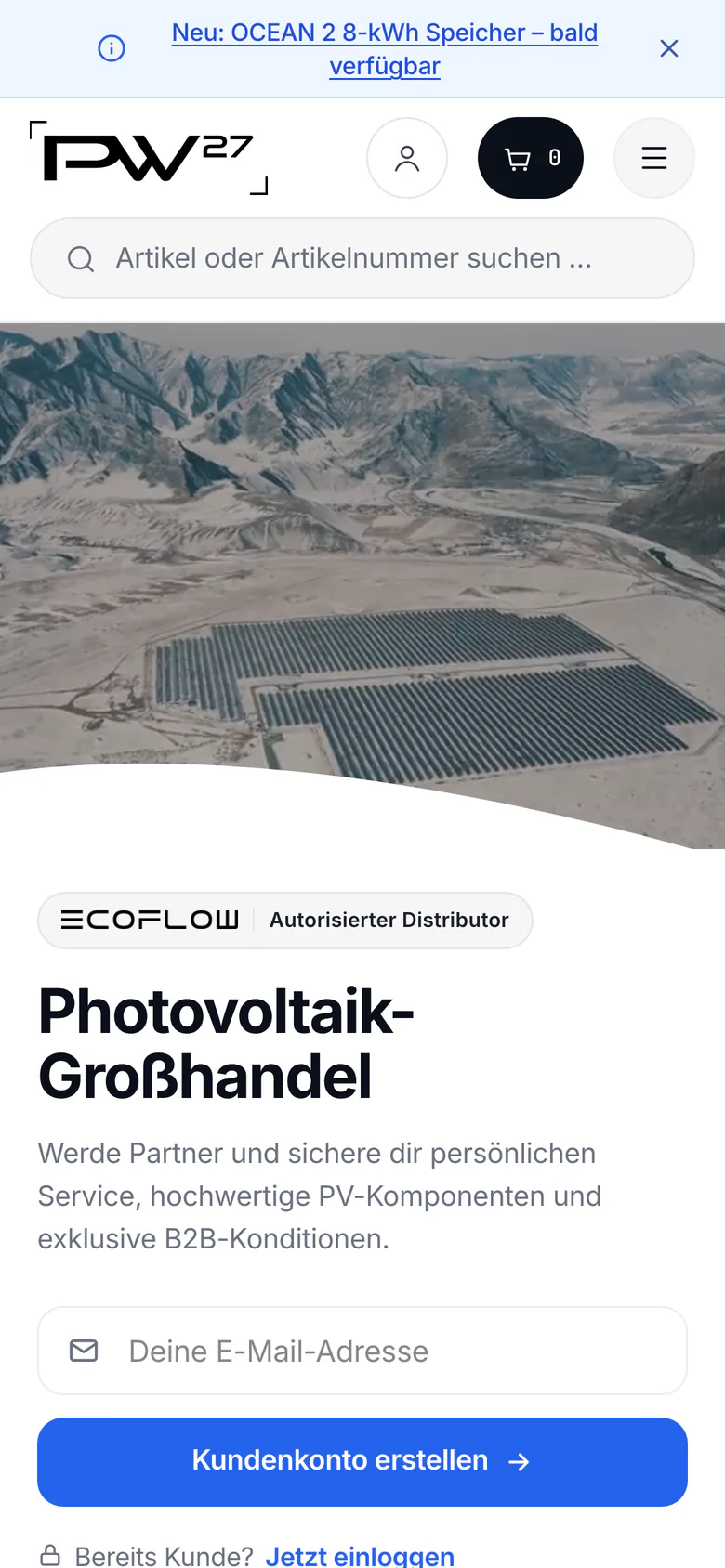Website shop.pw-27.com am Handy, Startseite des B2B-Shops für Photovoltaik-Großhandel.