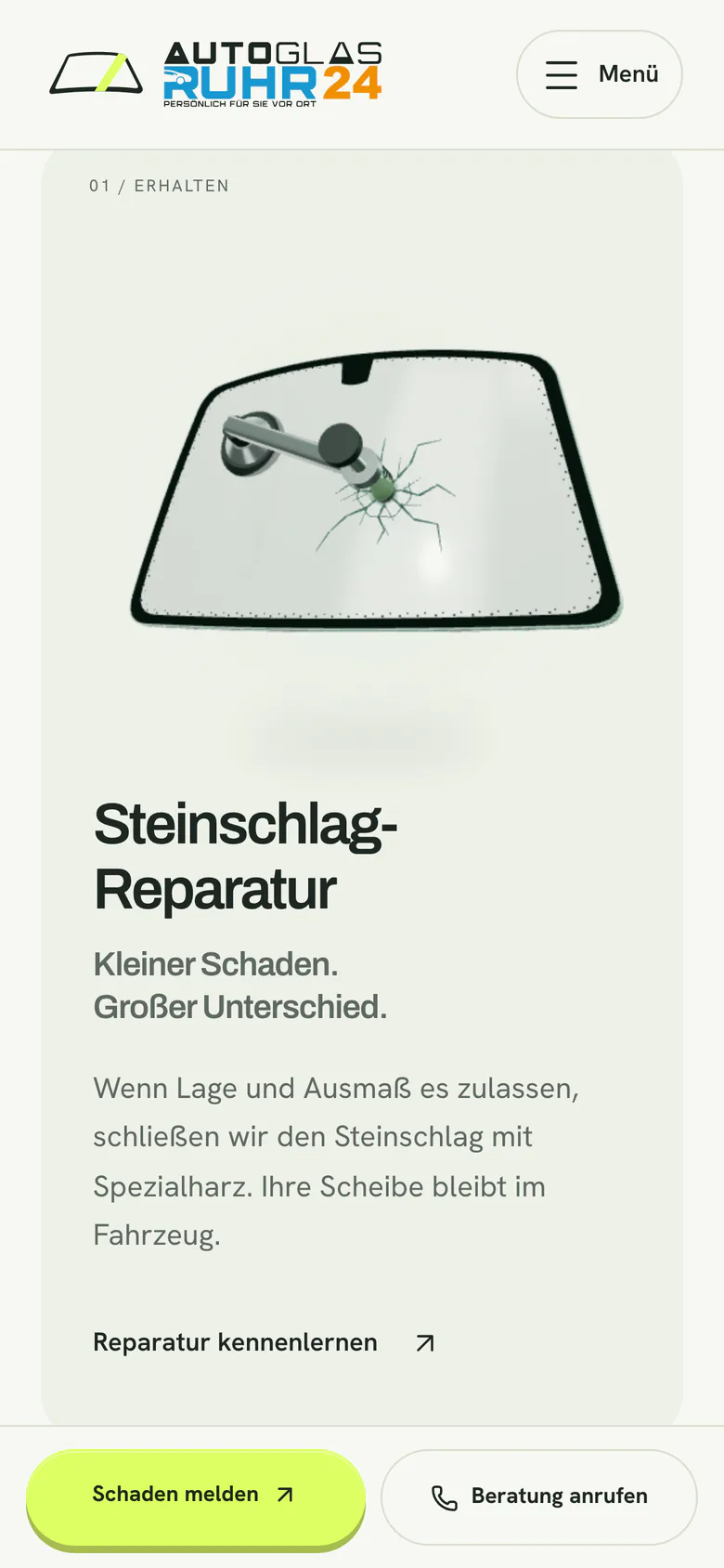 Website autoglas-ruhr24.de am Handy, 01 Erhalten: 3D-Glasszene einer Frontscheibe mit Steinschlag, darunter Steinschlag-Reparatur.