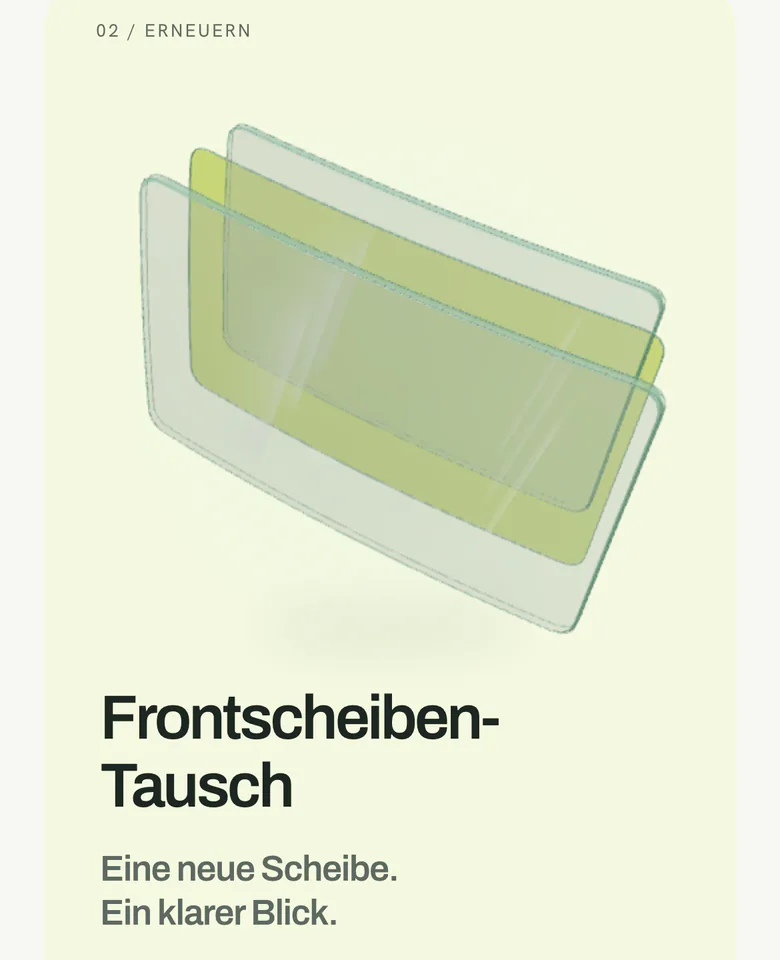 Website autoglas-ruhr24.de am Handy, 02 Erneuern: 3D-Glasszene mit drei Frontscheiben, darunter Frontscheiben-Tausch. Eine neue Scheibe. Ein klarer Blick.