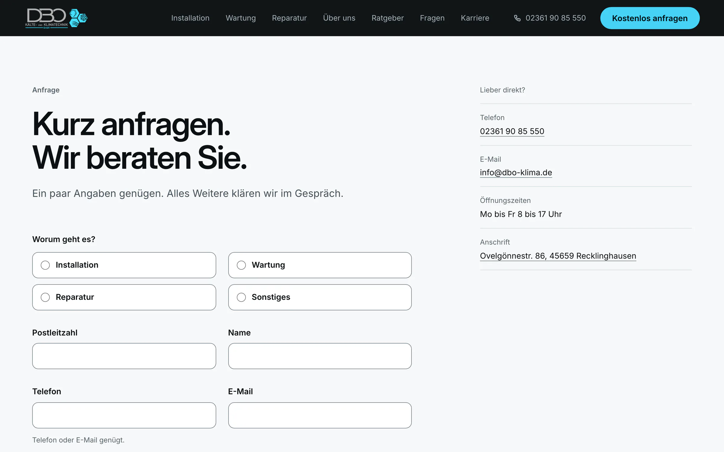 Website dbo-klima.de am Rechner, Anfrage: Kurz anfragen. Wir beraten Sie. Mit Auswahl Installation, Wartung, Reparatur oder Sonstiges.
