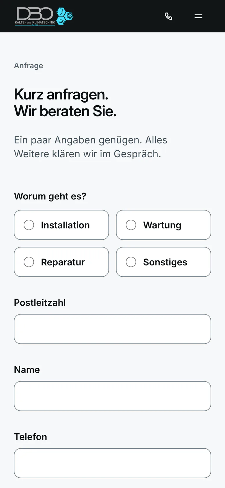 Website dbo-klima.de am Handy, Anfrageformular mit der Frage Worum geht es?