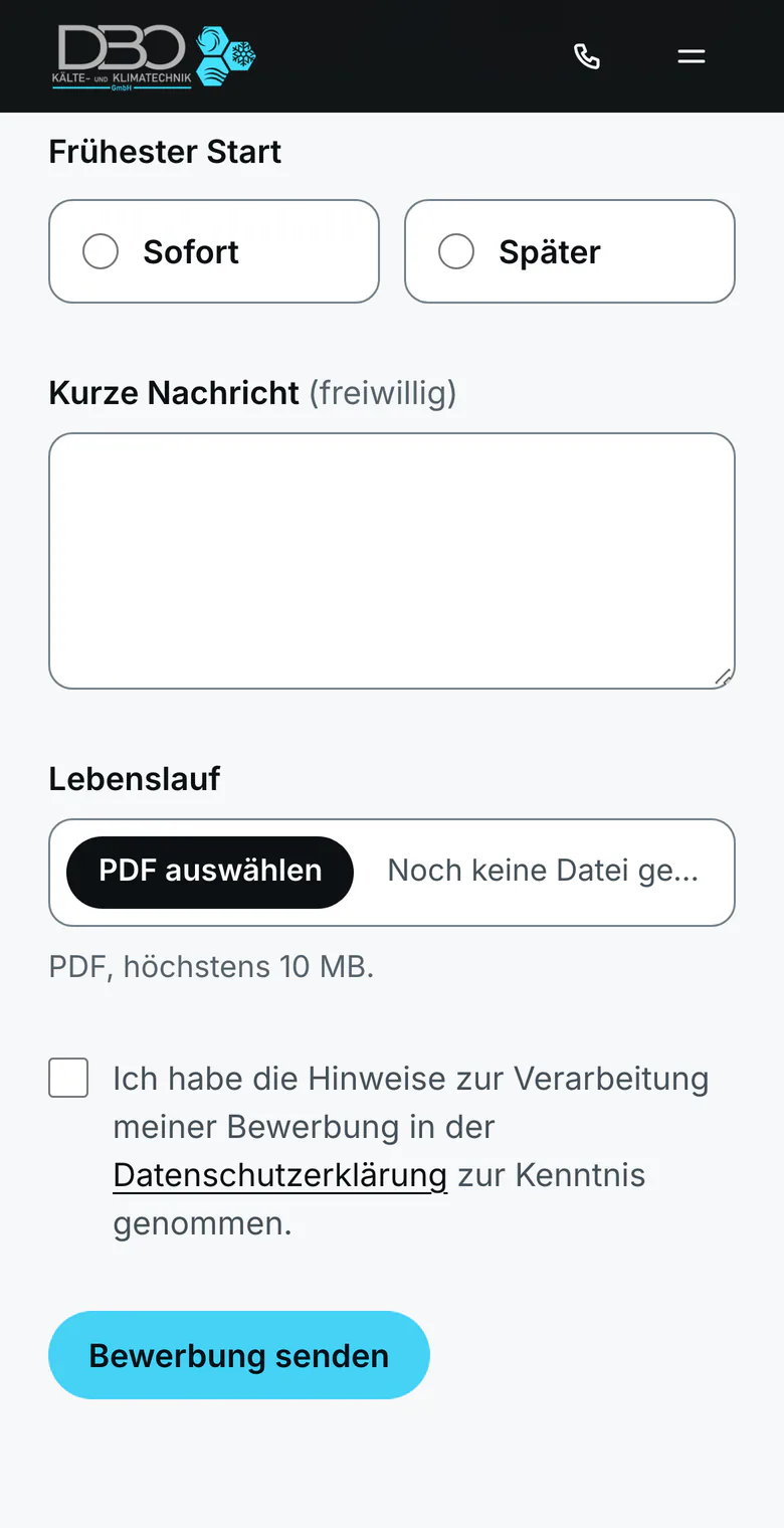 Website dbo-klima.de am Handy, Bewerbung mit Lebenslauf als PDF und dem Knopf Bewerbung senden.
