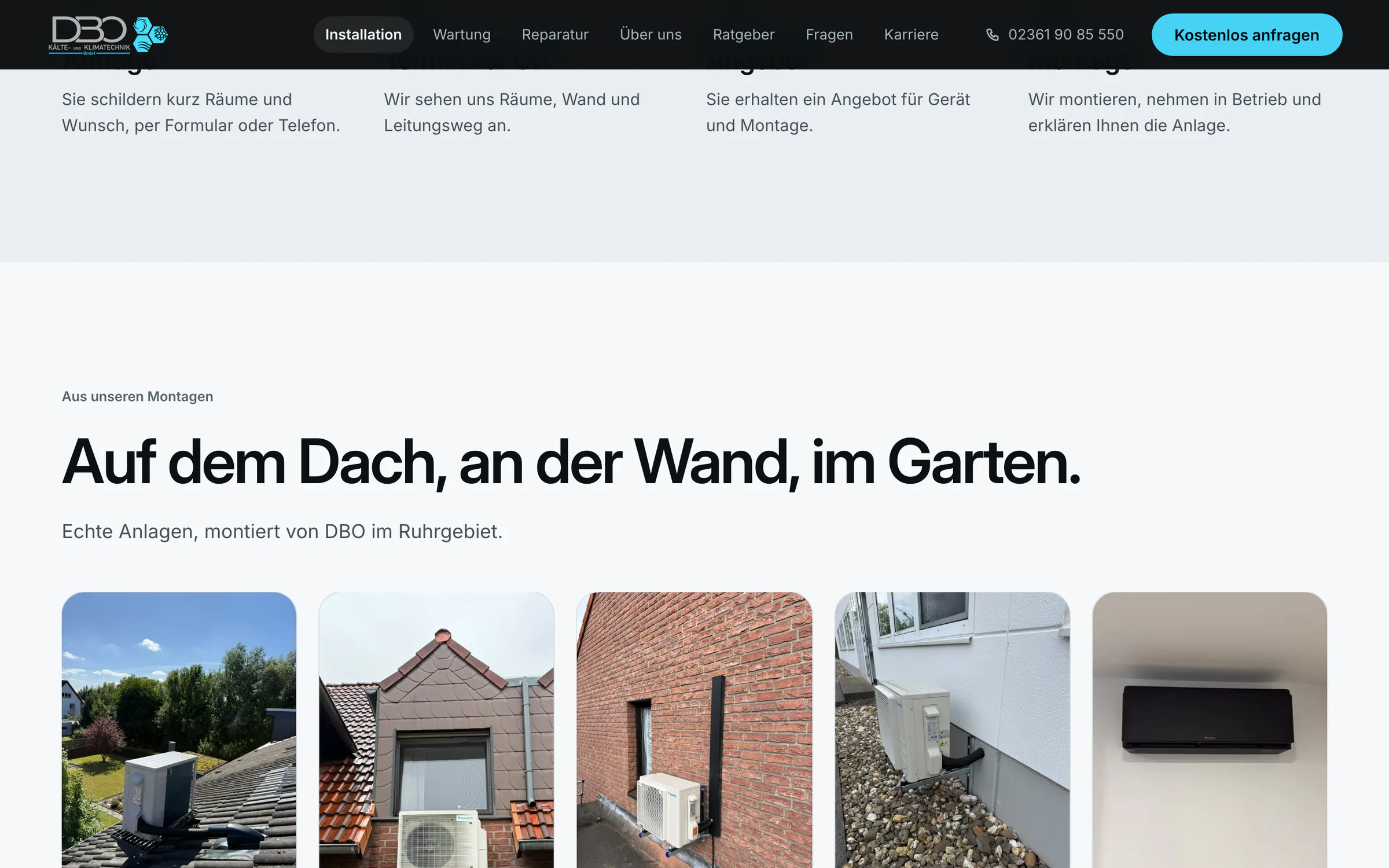 Website dbo-klima.de am Rechner, Auf dem Dach, an der Wand, im Garten: Fotos echter Anlagen, montiert von DBO.
