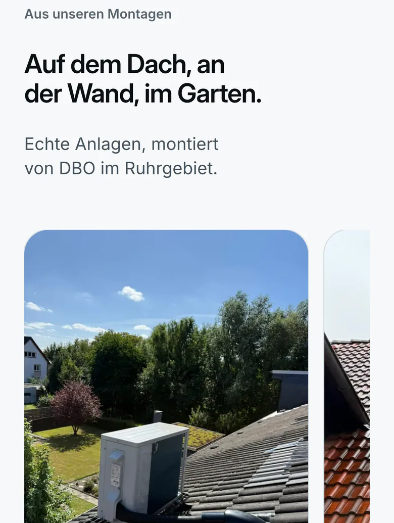 Website dbo-klima.de am Handy, Aus unseren Montagen: Auf dem Dach, an der Wand, im Garten, darunter das Foto eines Außengeräts auf dem Dach.
