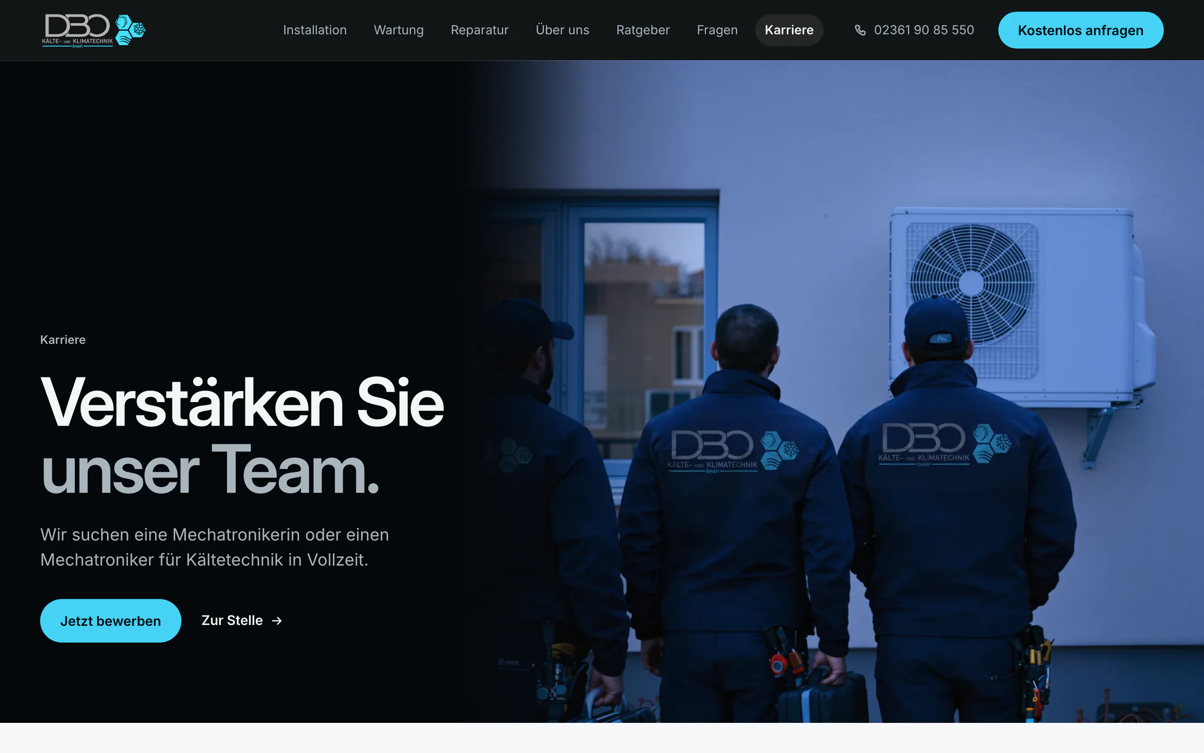 Website dbo-klima.de am Rechner, Karriere: Verstärken Sie unser Team. Zwei Monteure in DBO-Kleidung vor einer Anlage.