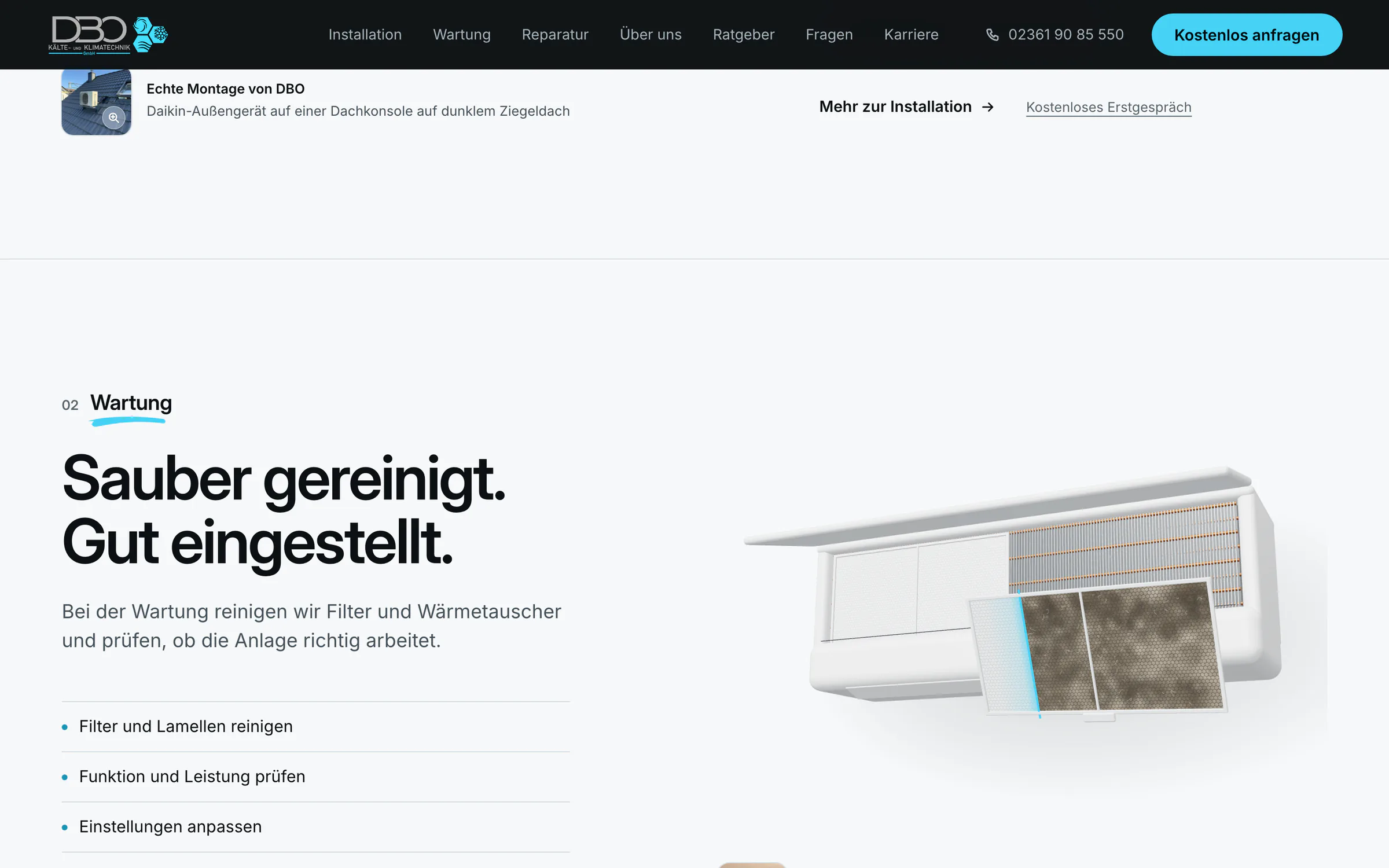 Website dbo-klima.de am Rechner, Leistung Wartung: Innengerät als 3D-Modell mit staubigem und sauberem Filter.
