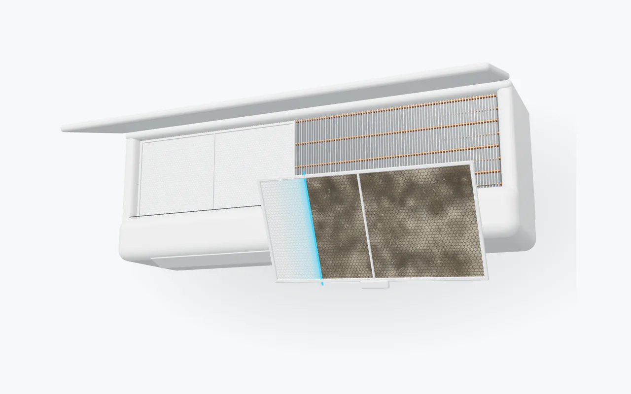 Website dbo-klima.de, Ausschnitt Wartung: Innengerät als 3D-Modell, davor der staubige und der saubere Filter.