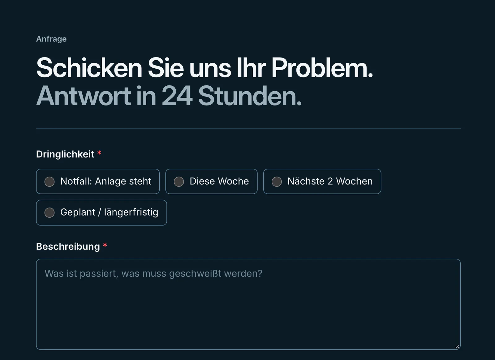 Website herdi-group.de am Rechner, Anfrageformular: zuerst die Dringlichkeit von Notfall bis geplant, dann die Beschreibung.