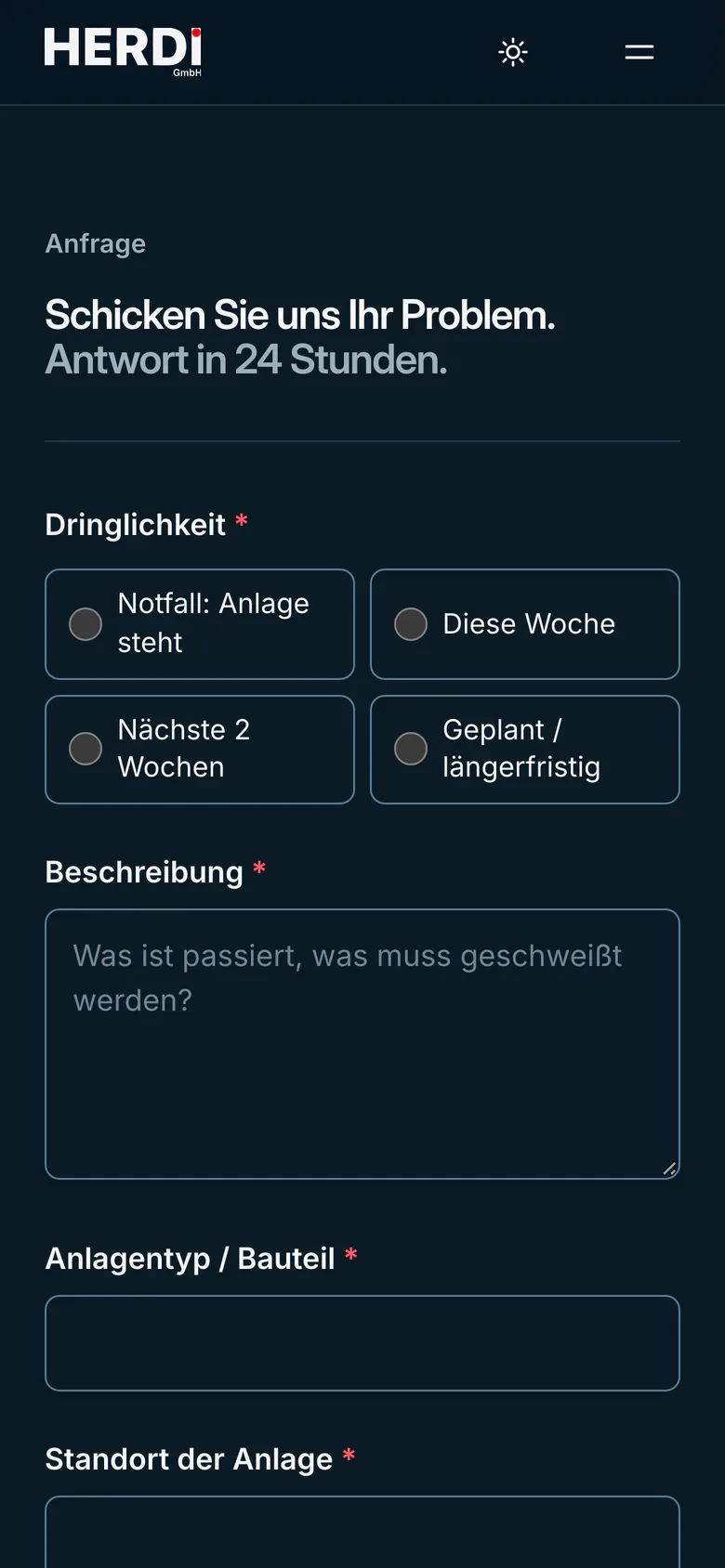 Website herdi-group.de am Handy, Anfrageformular mit der Dringlichkeit Notfall, diese Woche, nächste zwei Wochen oder geplant.