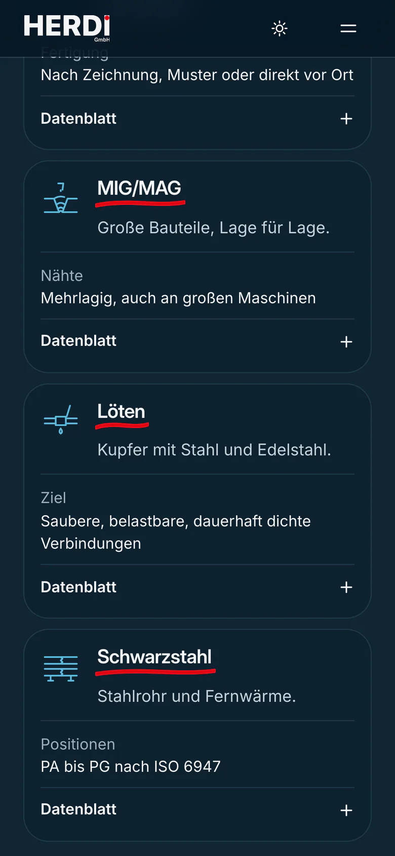 Website herdi-group.de am Handy, Sechs Disziplinen mit WIG und MIG/MAG, je mit Fertigung und aufklappbarem Datenblatt.