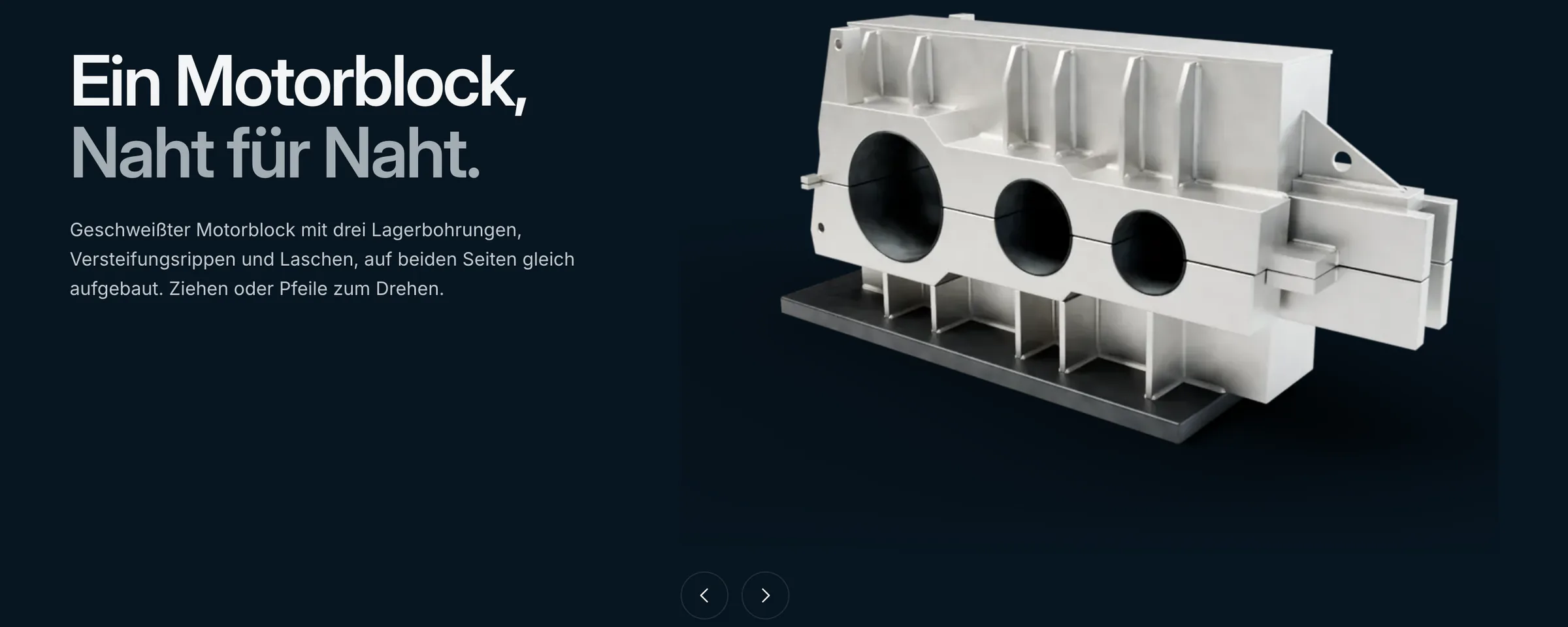 Website herdi-group.de am Rechner, Leistung MIG/MAG: Ein Motorblock, Naht für Naht. Geschweißter Motorblock mit drei Lagerbohrungen als 3D-Modell zum Drehen.