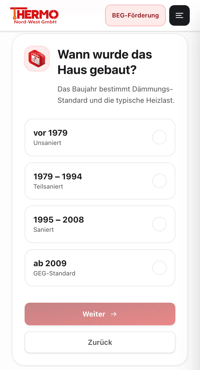 Neue Website thermonordwest.de am Handy, Förder-Check: Wann wurde das Haus gebaut? mit vier Zeiträumen zur Auswahl.