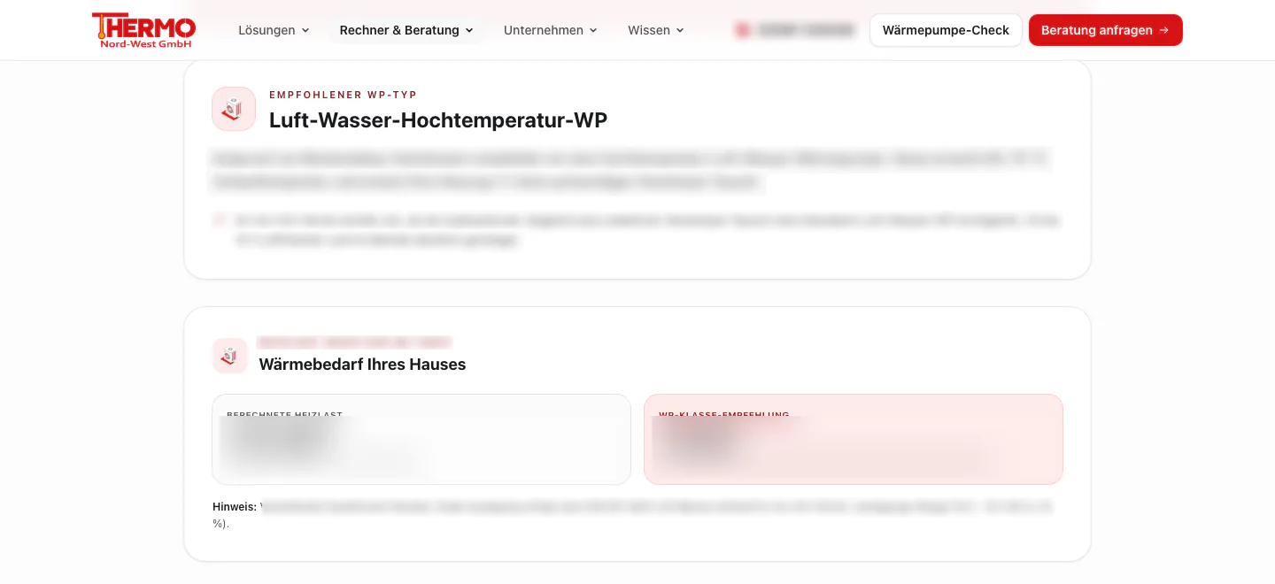 Ergebnis des Förder-Checks auf thermonordwest.de am Rechner: empfohlener Wärmepumpen-Typ Luft-Wasser-Hochtemperatur-WP und Wärmebedarf des Hauses, Werte unkenntlich.