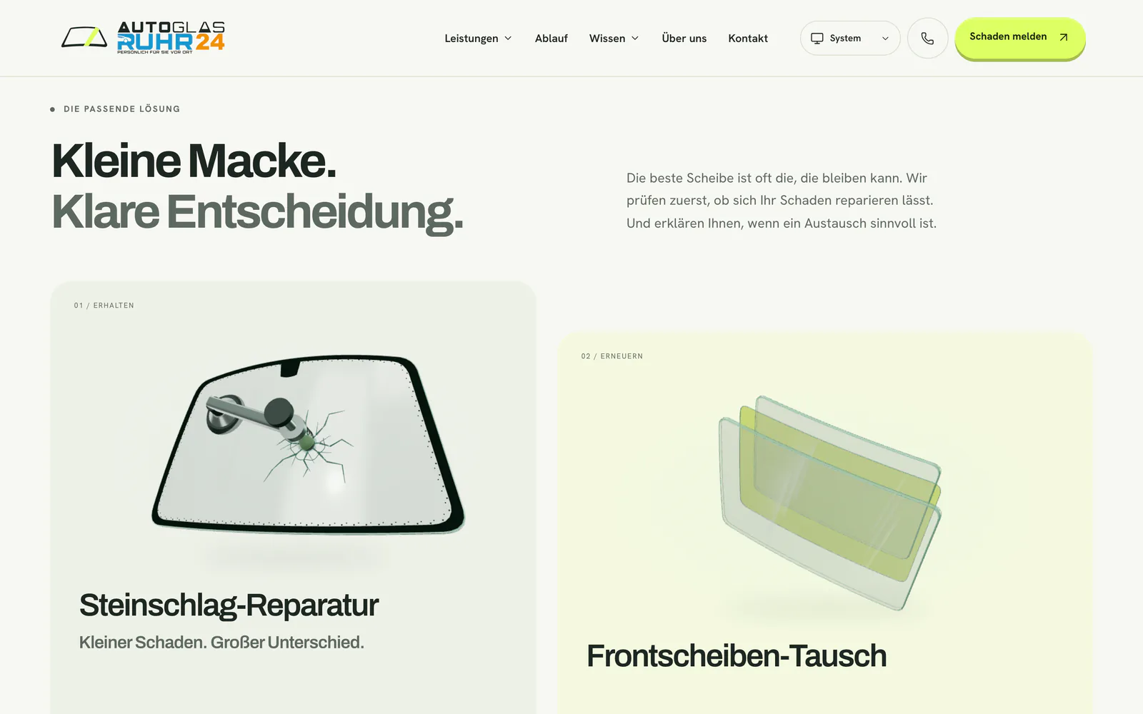 Website autoglas-ruhr24.de, Abschnitt mit zwei der drei 3D-Glasszenen.