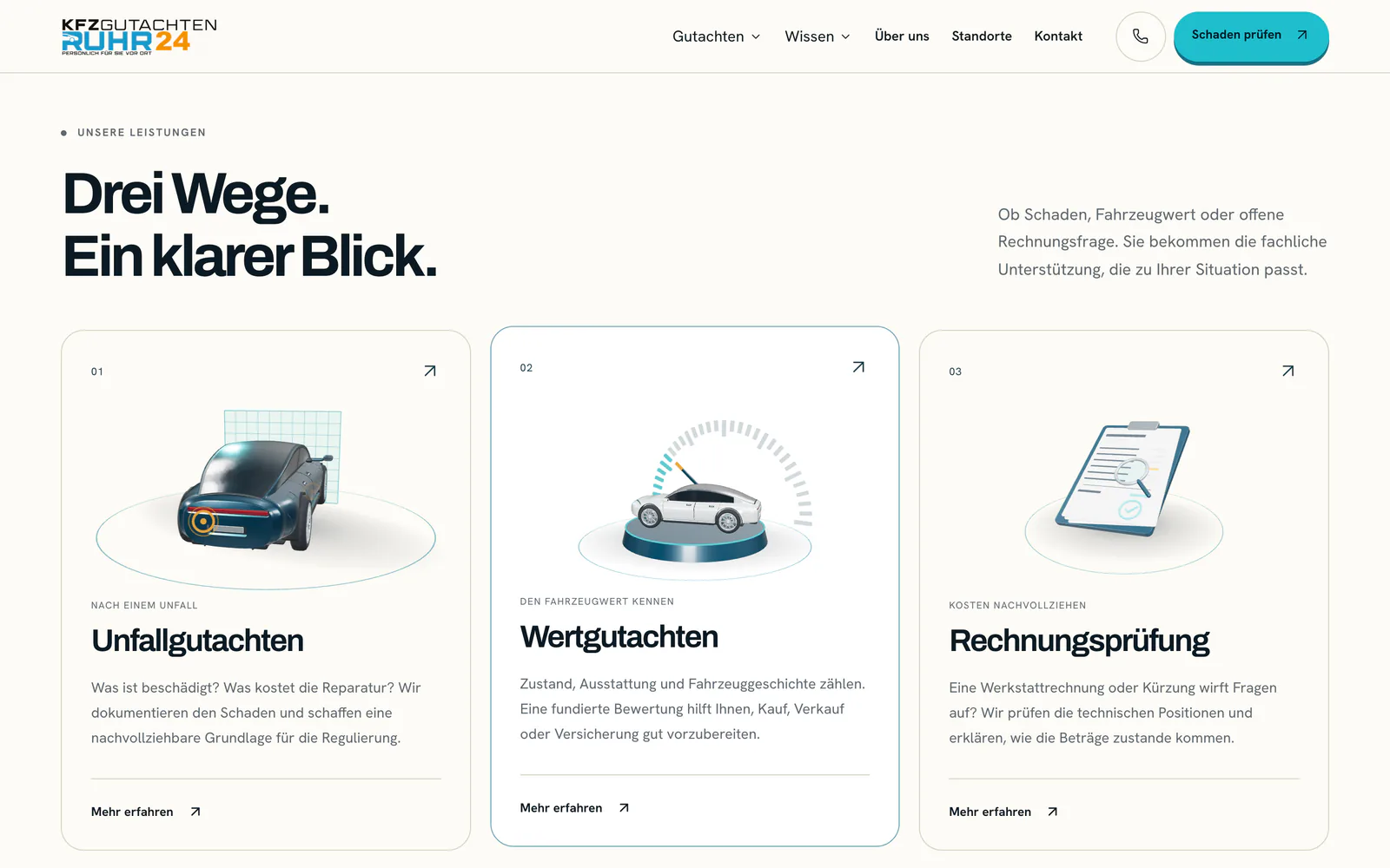 Website gutachten-ruhr24.de, Abschnitt Drei Wege mit dem eigenen 3D-Fahrzeug.