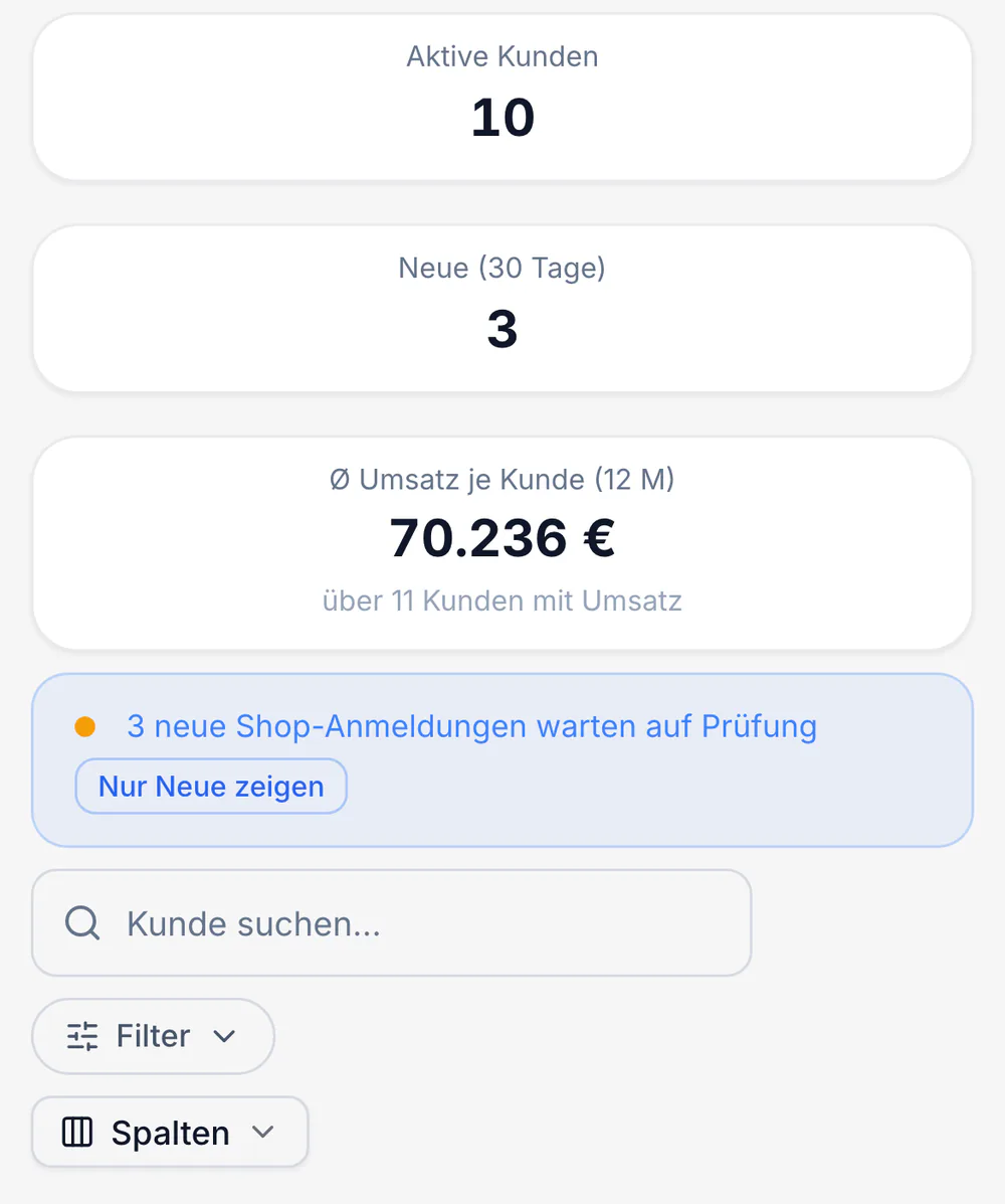 Kundenliste am Handy mit Kennzahlen und dem Hinweis auf neue Shop-Anmeldungen. Beispieldaten.