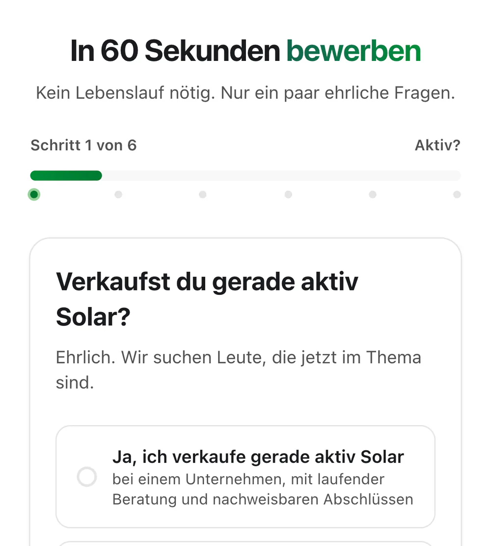 Bewerbungsseite karriere.solarnordwest.de am Handy: Bewerbung in sechs Schritten, erste Frage.