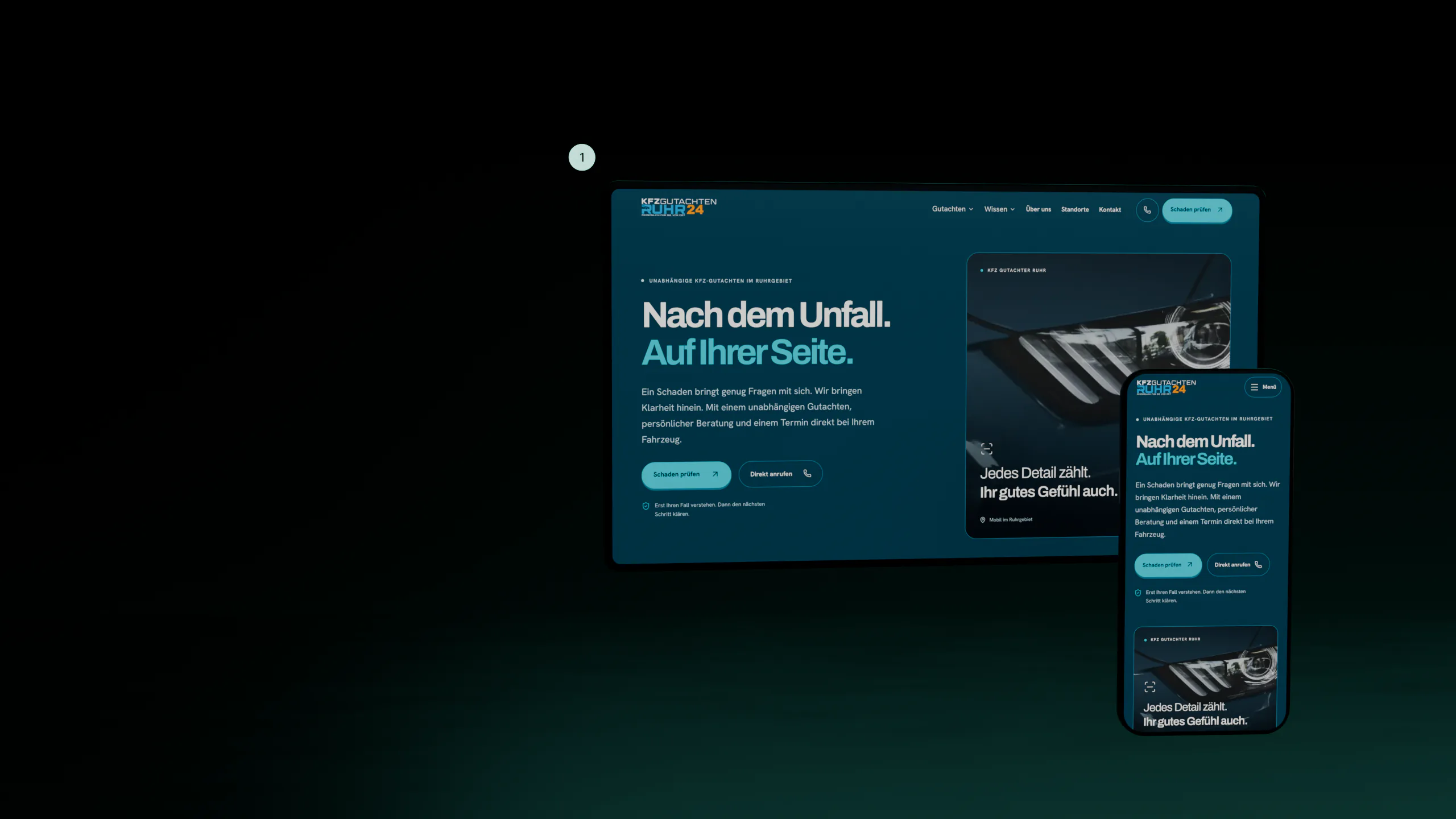 Morgens bei KFZ Gutachten Ruhr: deren Website am Rechner und am Handy, oben links Punkt 1 des Fadens. Szene aus Blender mit echten Oberflächen, Beispieldaten.