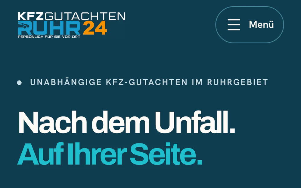 Website gutachten-ruhr24.de am Handy, Kopf mit Logo und der Überschrift Nach dem Unfall. Auf Ihrer Seite.